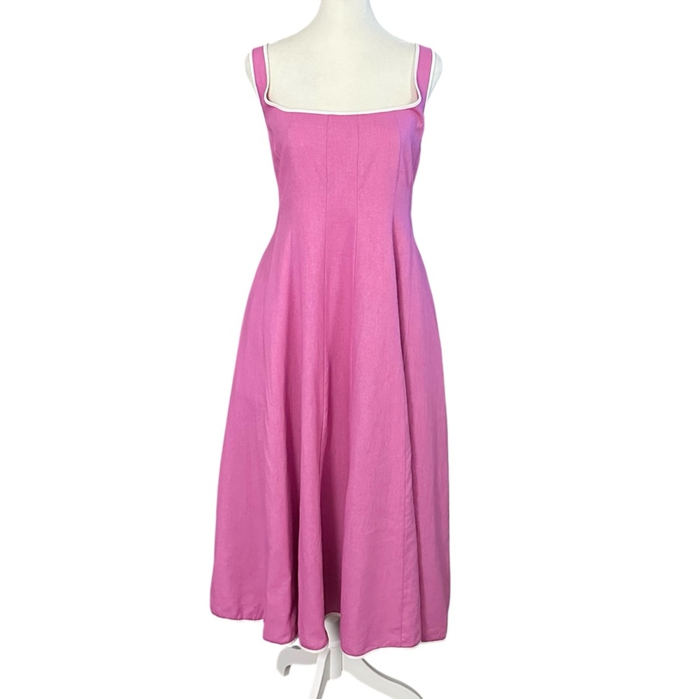 Avec Les Filles Contrast Edge Fit & Flare Midi Linen Blend Dress Size 10 - Picture 2 of 12